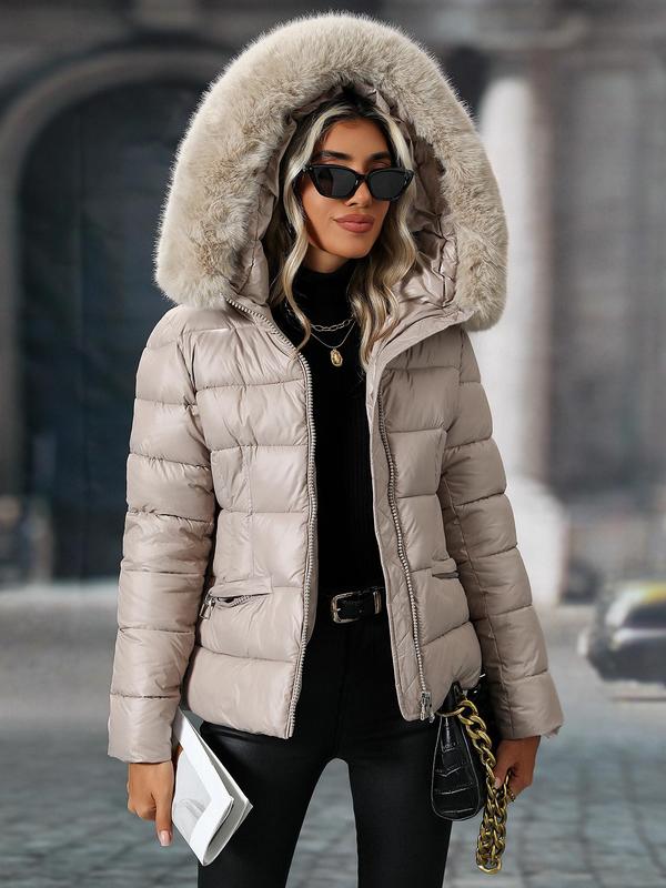 Women's Solid Color Zip Up Contrast Faux Fur Hooded Quilted Jacket, Casual Long Sleeve Pocket Hooded Outerwear for Fall & Winter, Women's Clothing for Daily Wear